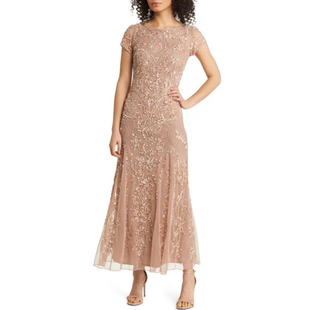 PISARRO NIGHTS Beaded Mesh Column Gown Size 2 Formal Embellished Nude Cocktail